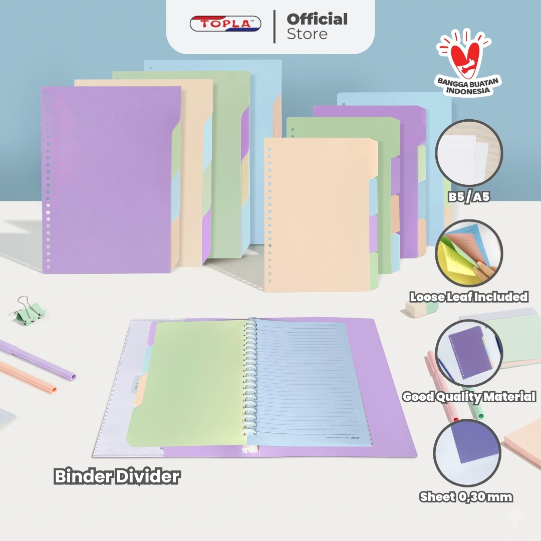 Topla Divider Binder 101 Pembatas A5 B5 Plastik 4 Tab Pastel Warna Estetik