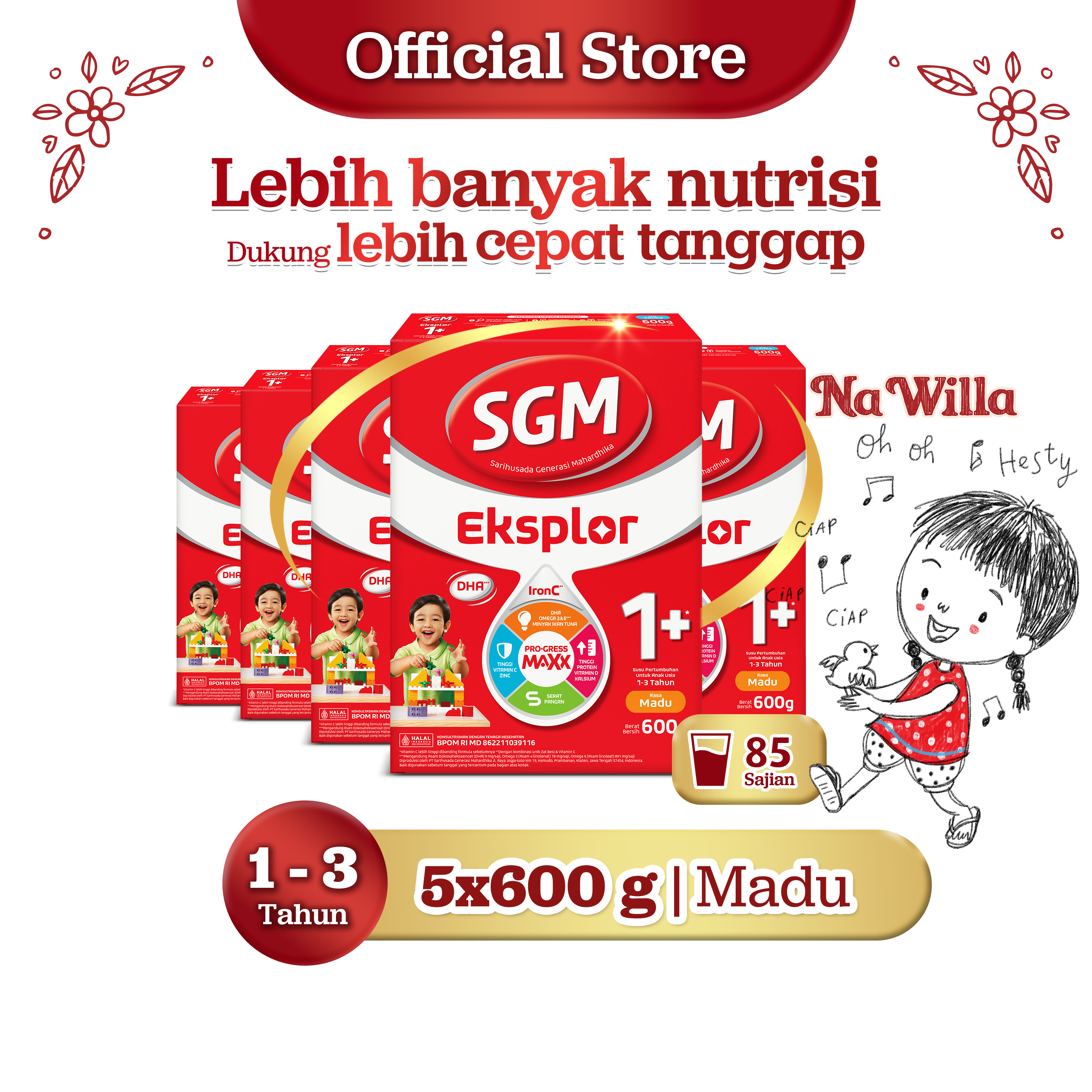 SGM Eksplor 1+ dengan IronC Susu Pertumbuhan Rasa Madu 5x600gr - Untuk Usia 1-3 Tahun