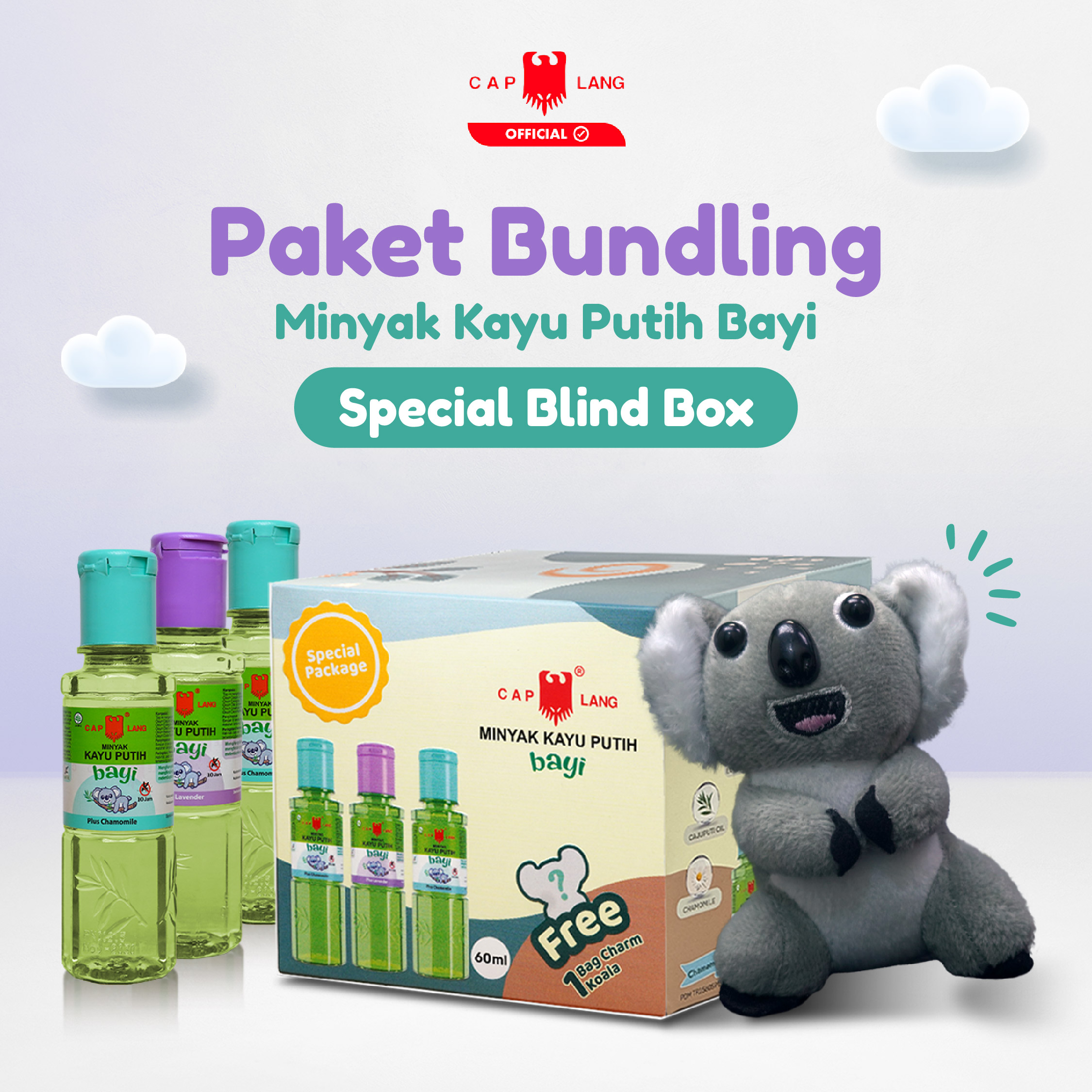 Special Blind Box - Minyak Kayu Putih Bayi Cap Lang 60 ml 3pcs (Chamomile 2pcs + Lavender 1pcs) - Gratis 1 Bag Charm Koala