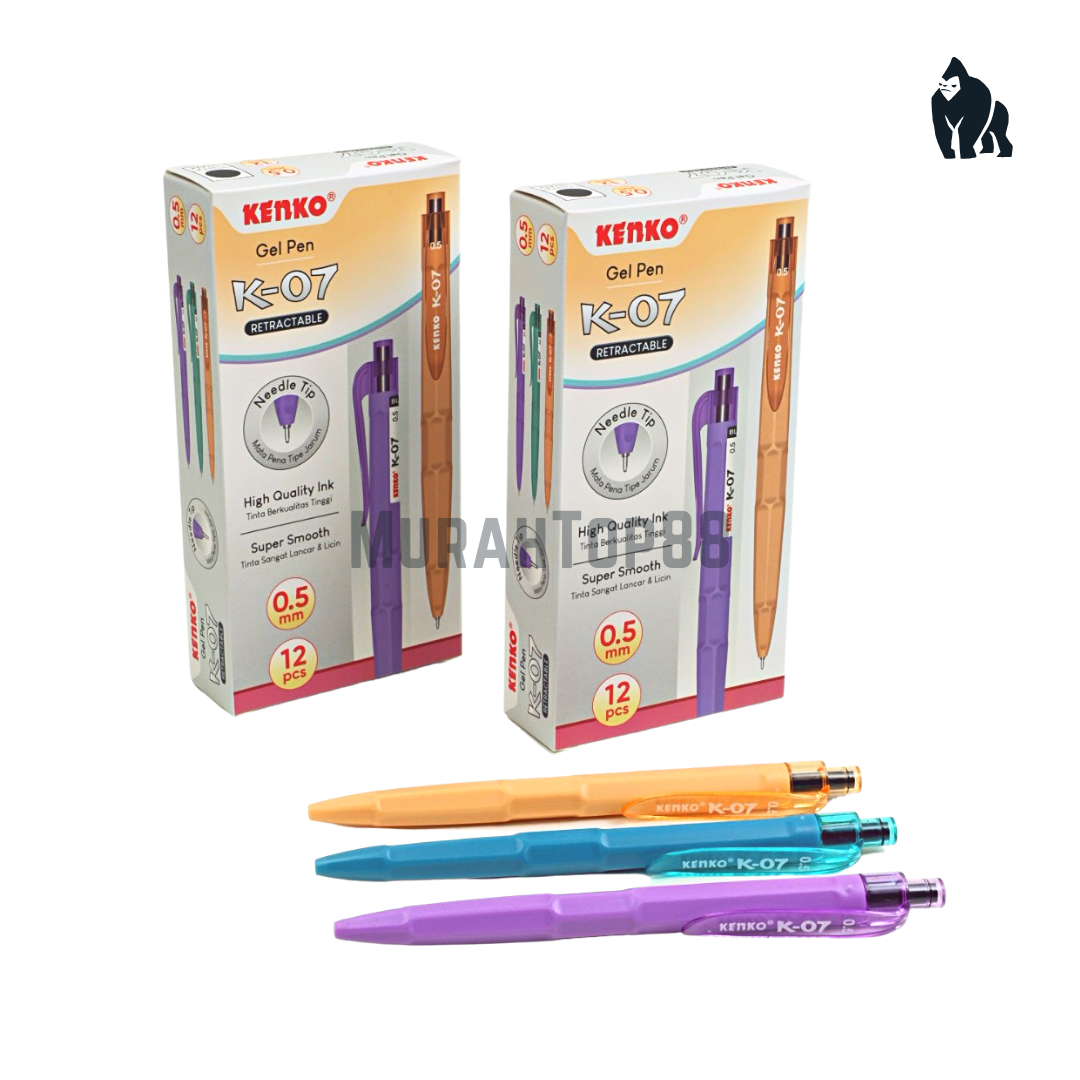 Pulpen Gel Kenko K-07 0.5 mm / Retractable Ballpoint Needle Tip / Bolpen Pena Grosir Warna Hitam Black isi 12 PCS [PER LUSIN]