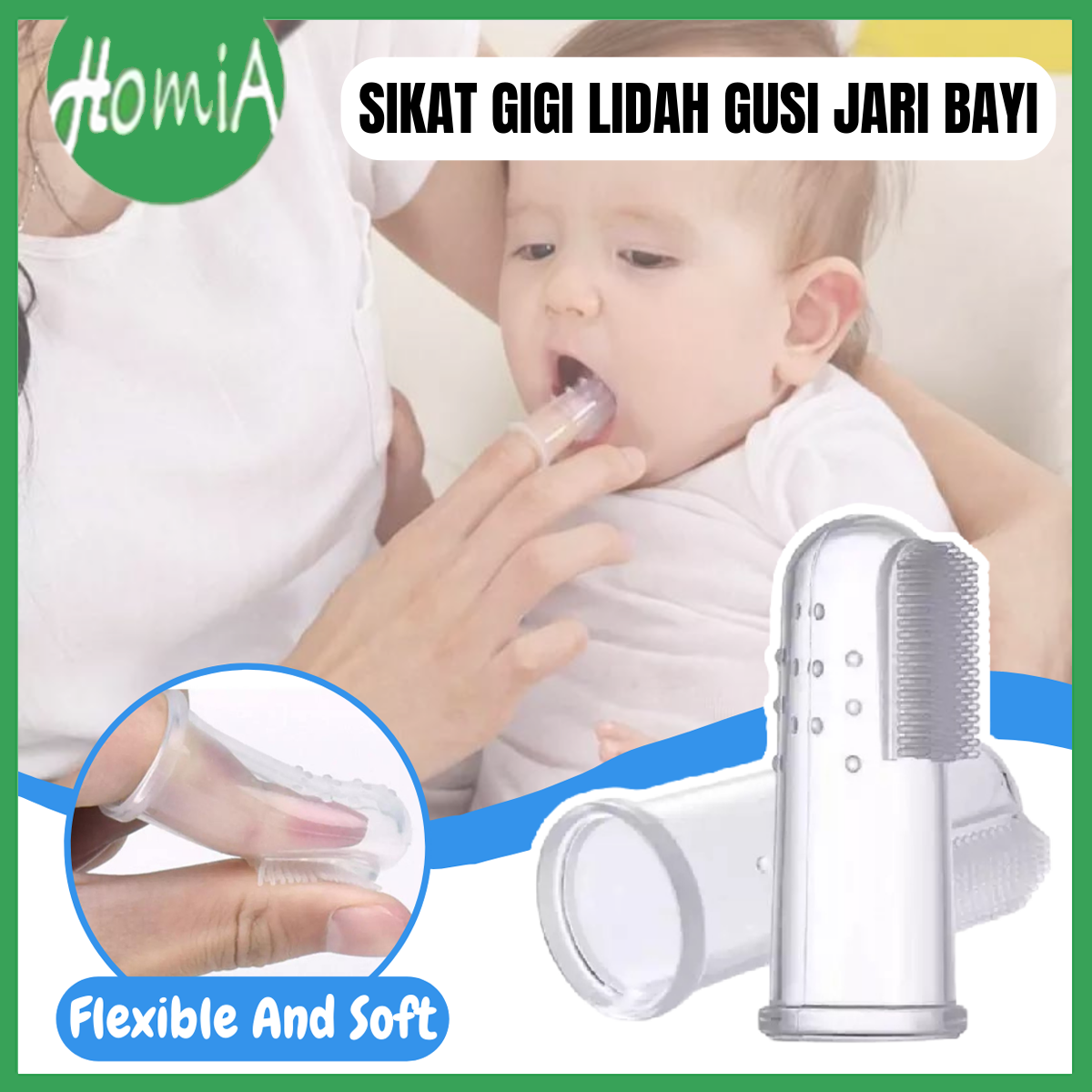 Sikat Lidah Bayi / Sikat Gigi Jari Silikon / Baby Finger Tootbrush Silicone Dengan Jari Ibu - HOMIA