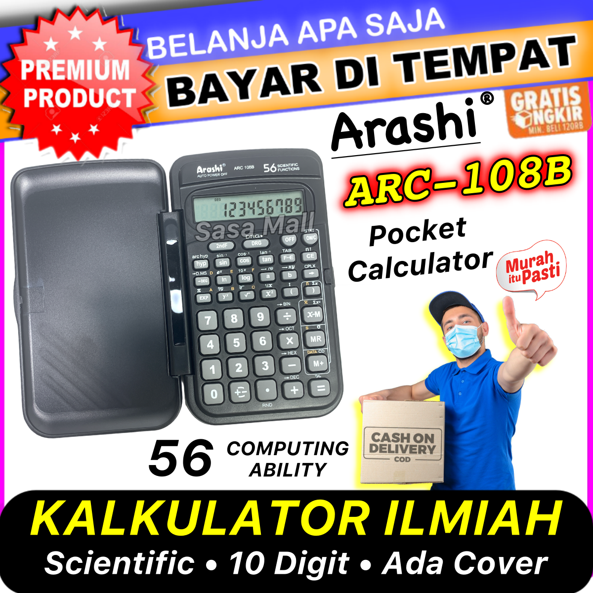 Kalkulator Ilmiah Mini Arashi 10 Digit ARC 108B Electronic Scientific Calculator Digital Pocket Kantong Kecil Usaha Dagang Sekolah Kantor Check Correct Foldable Design 56 Computing Ability Laz COD Bisa Bayar di Tempat Sasa Mall