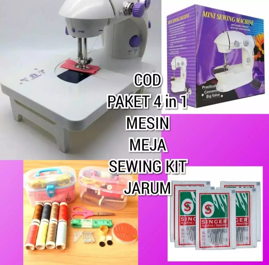 PAKET KOMPLIT  5in1 MESIN JAHIT MINI PORTABLE+MEJA+SEWING KIT FREE JARUM MESIN BERGARANSI FULL