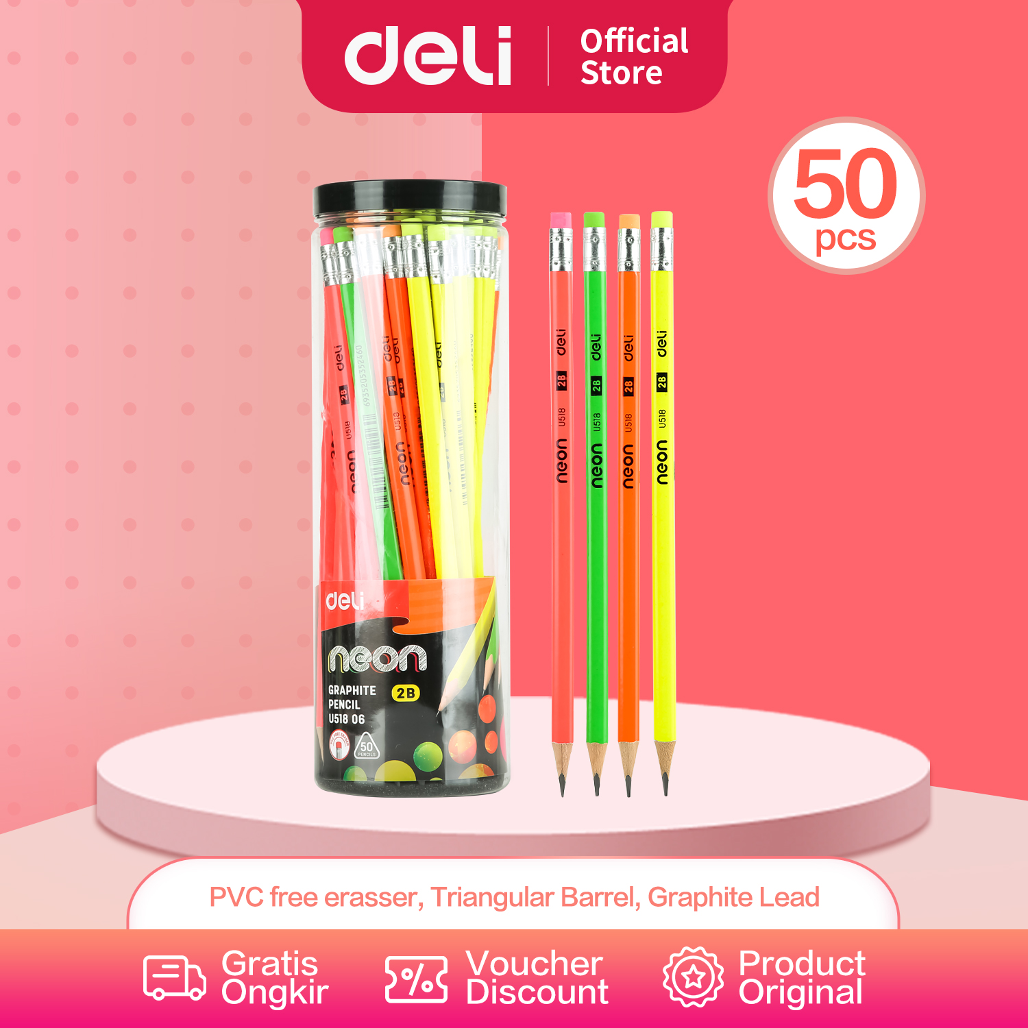 Deli Pensil kayu 2B bentuk segitiga untuk pegangan yang nyaman 50pcs EU51806