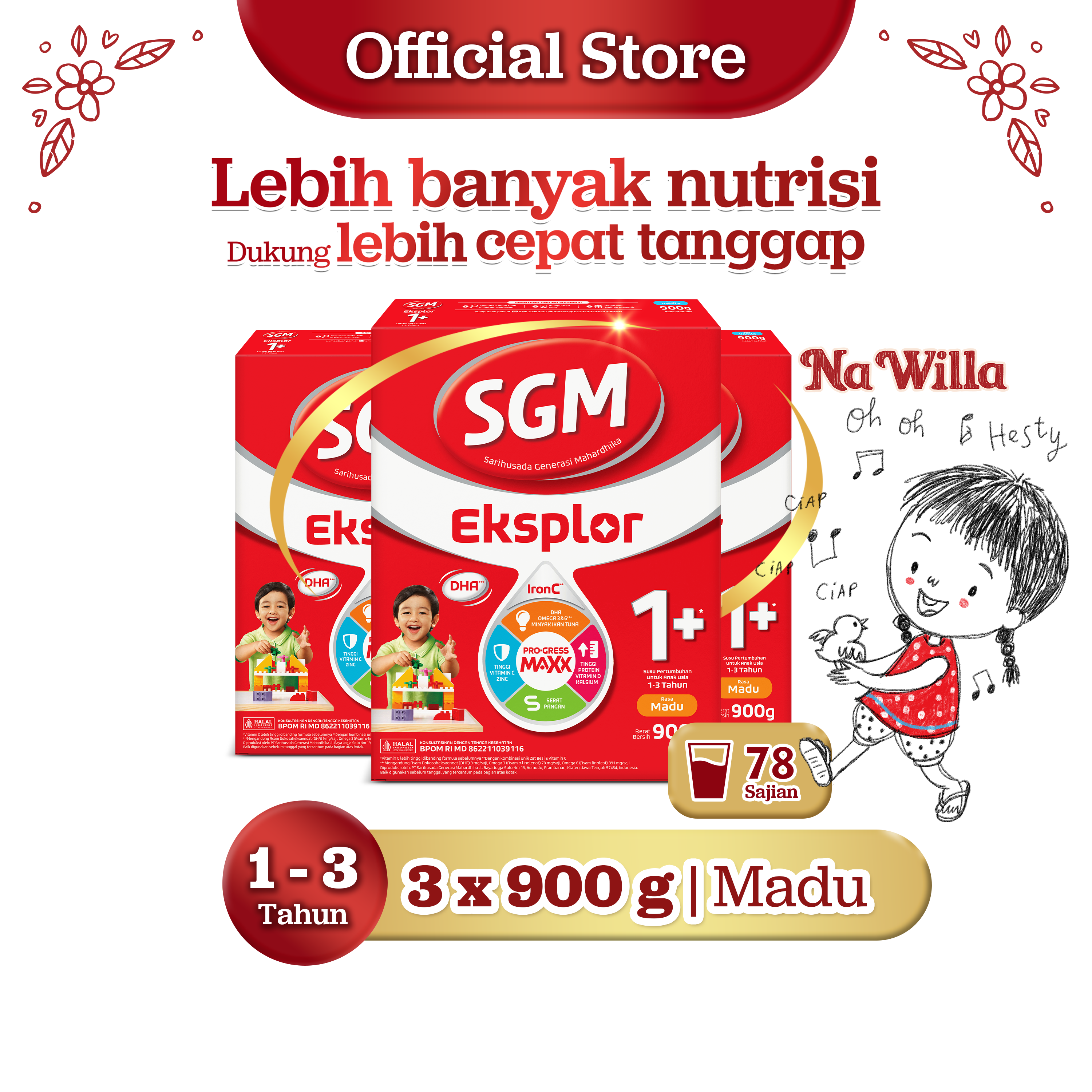 SGM Eksplor 1+ dengan IronC Susu Pertumbuhan Rasa Madu 3x900gr - Untuk Usia 1-3 Tahun