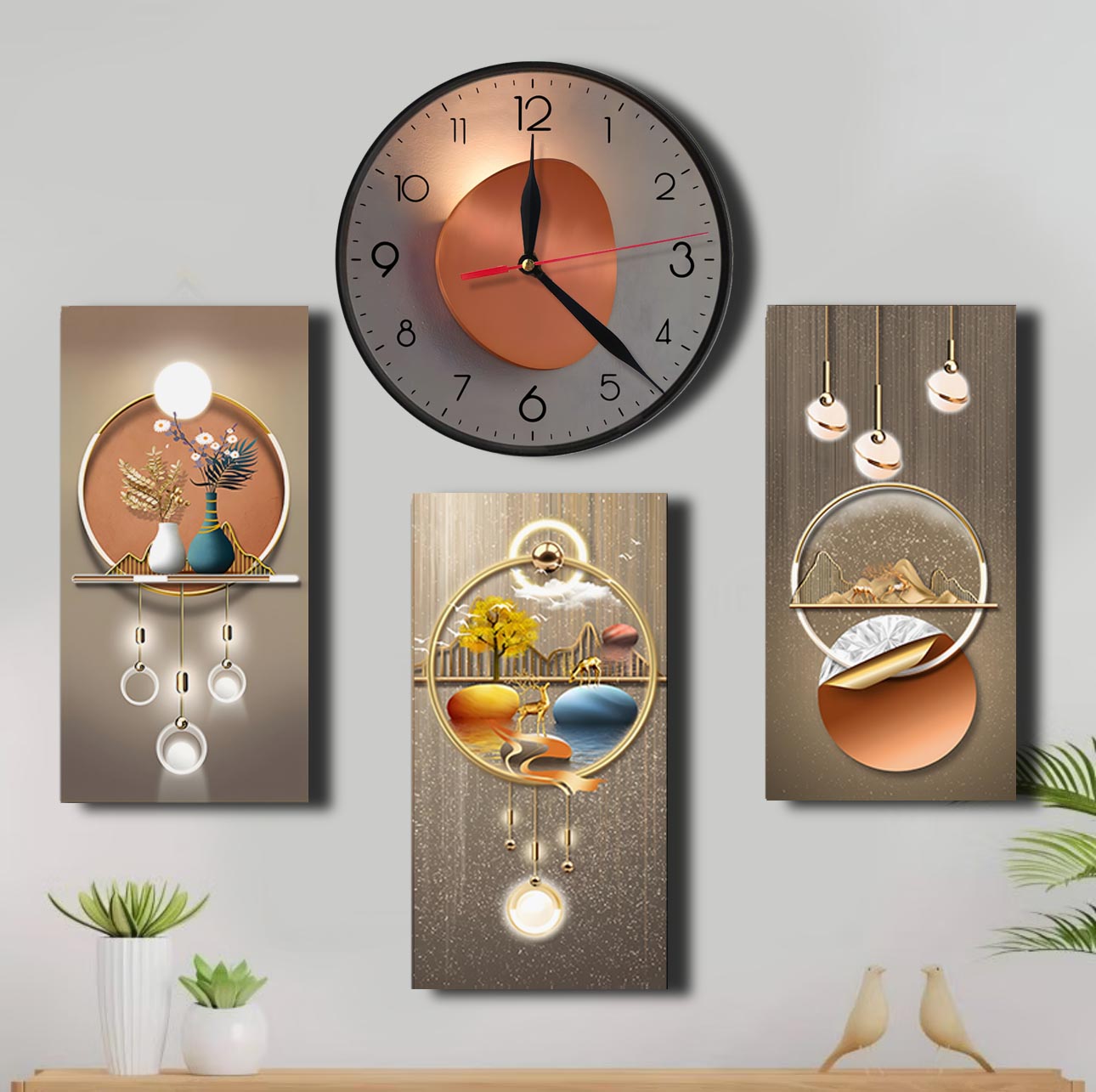 Walldecor Jam Dinding Minimalis SET Hiasan Dinding Burung Merak 3D Lampu Aesthetic