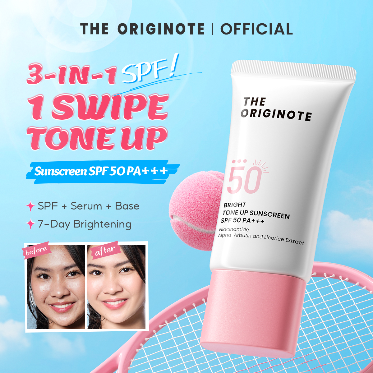 The Originote Bright Tone Up Sunscreen SPF 50 PA+++ - Sunscreen Tone Up Ringan Mencerahkan Tampi...