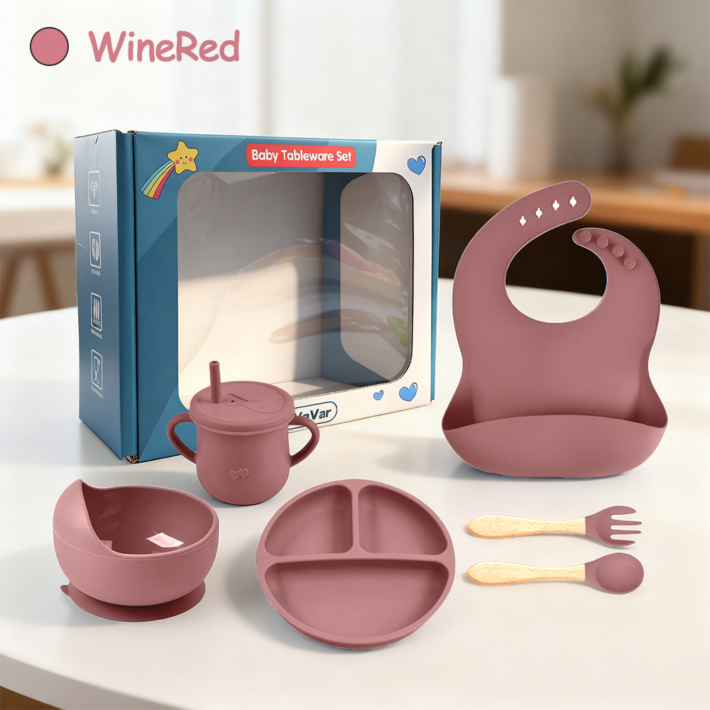Bevavar 6in1 Peralatan Makan Bayi Silicon Hampers Newborn Baby Feeding Set Mangkok Sendok Anak Bayi Set