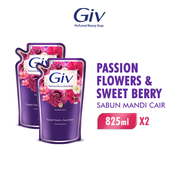 [Paket isi 2] Giv Beauty Sabun Mandi Cair Passion Flowers & Sweet Berry Pouch 825ml