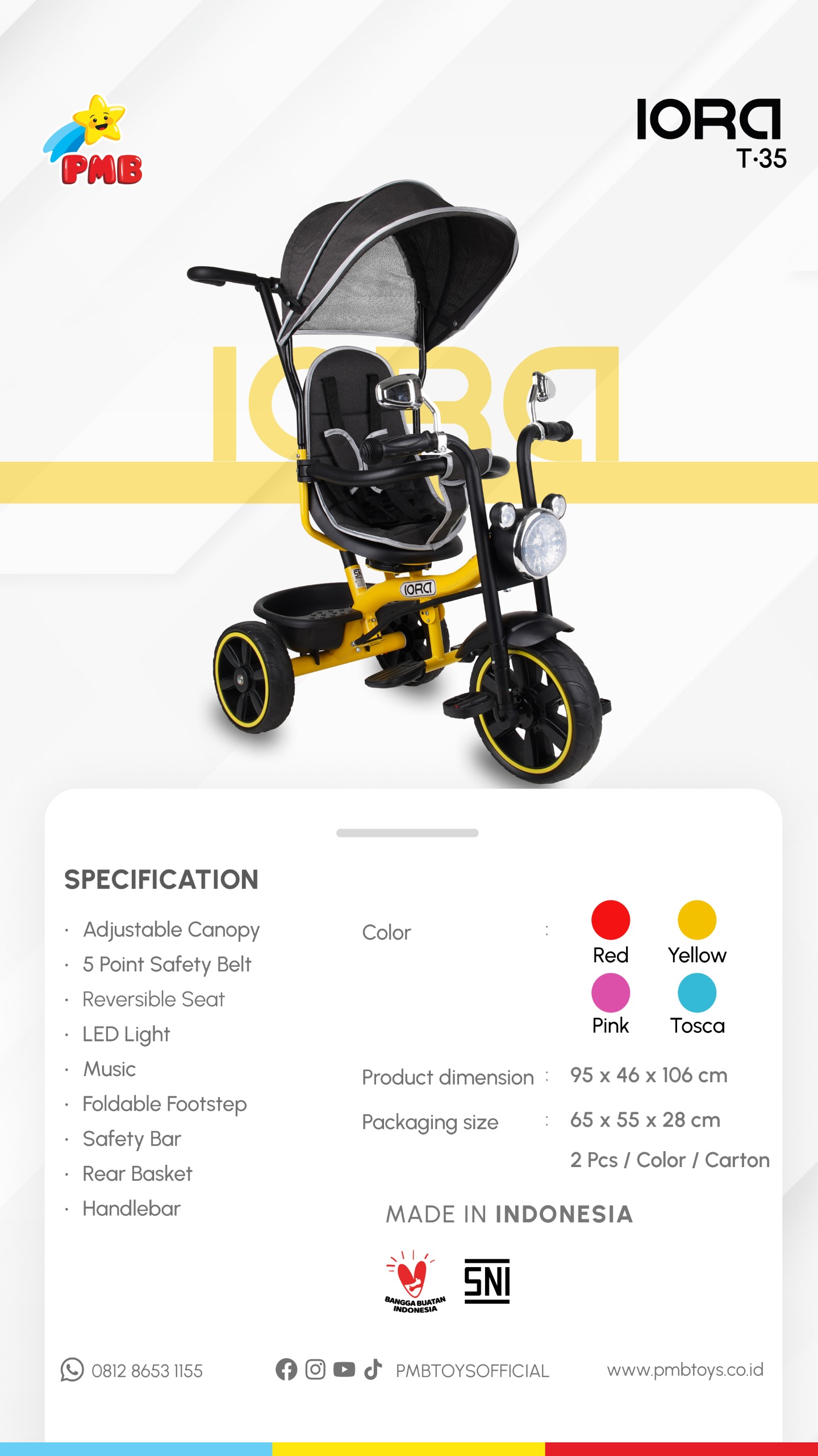 Stroller Sepeda Anak Roda Tiga PMB T-16 Iora T16 Tricycle // T22 // T35