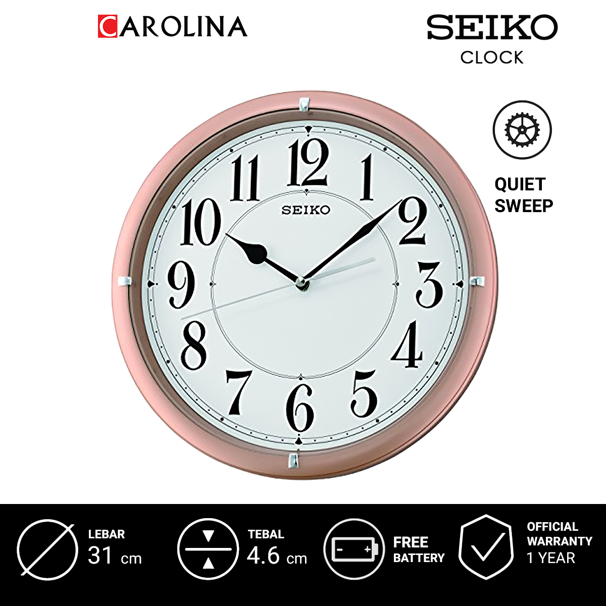 Jam Dinding SEIKO Analog QXA637P Quite Sweep Pink Color White Dial Wall Clock