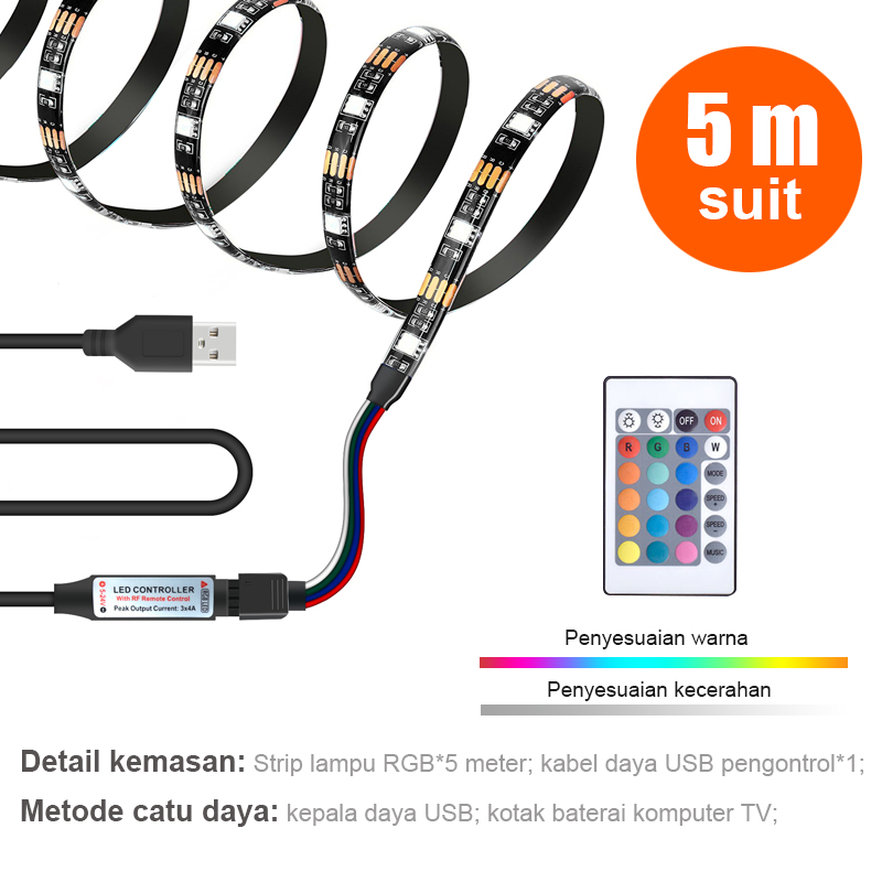 5050 5V Lampu Strip LED USB / PowerBank RGB 1m/2m/3m/5m Plus Remote CCTV LAMPU RGBIC
