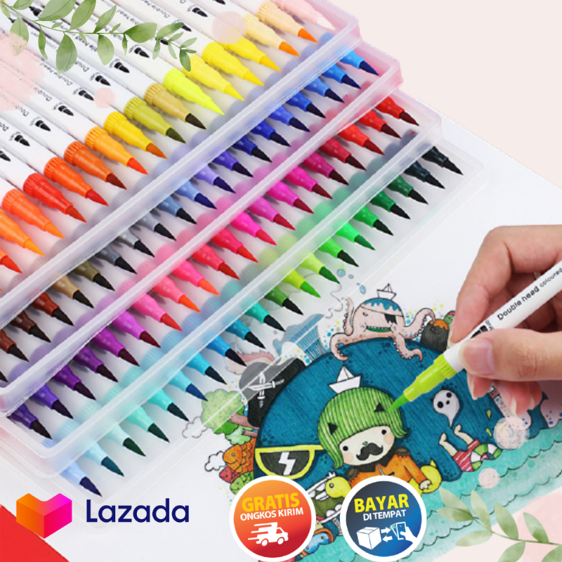 Pena cat air yang dapat dicuci 12 warna 24 warna berkepala dua sikat berkepala lembut anak-anak TK lukisan set pena warna berbasis air