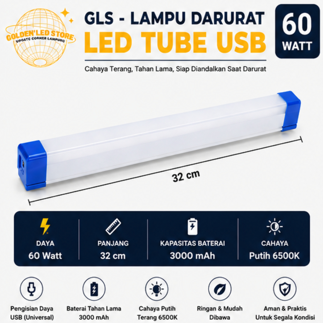 GLS - Lampu Darurat LED Tube USB Rechargeable 40W 60W 80W Cahaya Putih 6500K Emergency Lamp Portable