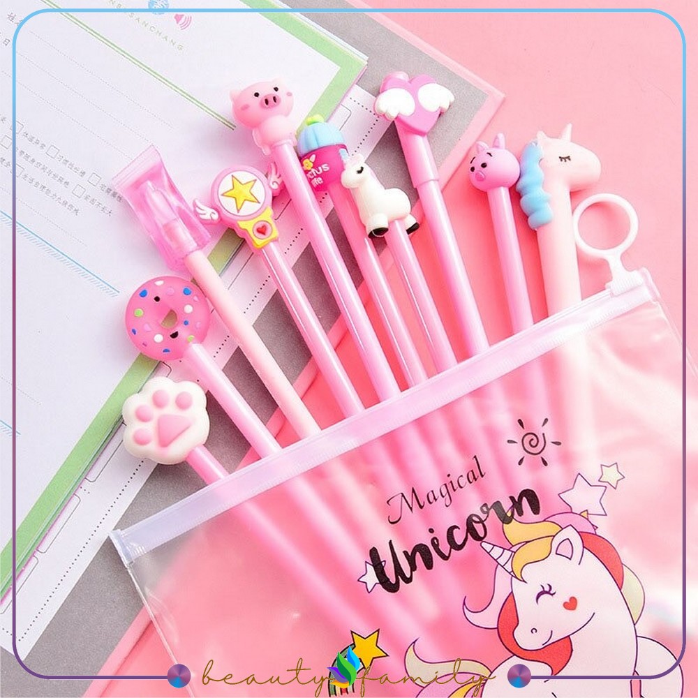 *COD*BF-A15 Pulpen Gel Karakter Lucu Set Isi 20PCS Pena FREE Zipper Pouch Tempat Pensil Transparan Murah