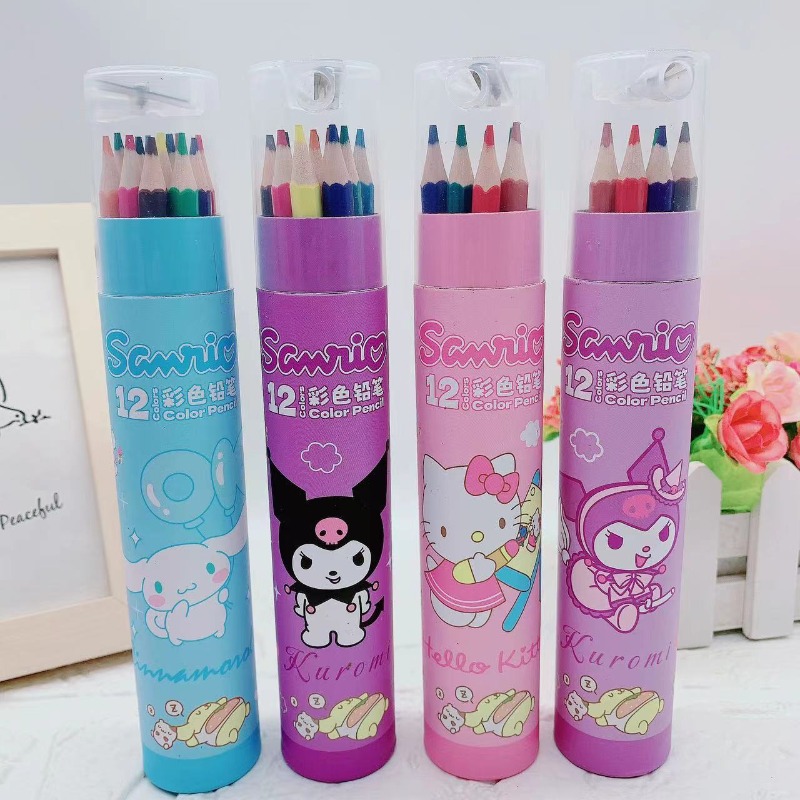 Pensil Warna Tabung Isi 12Pcs Bonus Rautan Edisi Sanrio Cinnamoroll Kuromi Hello Kitty Alat Tulis Sekolah Anak