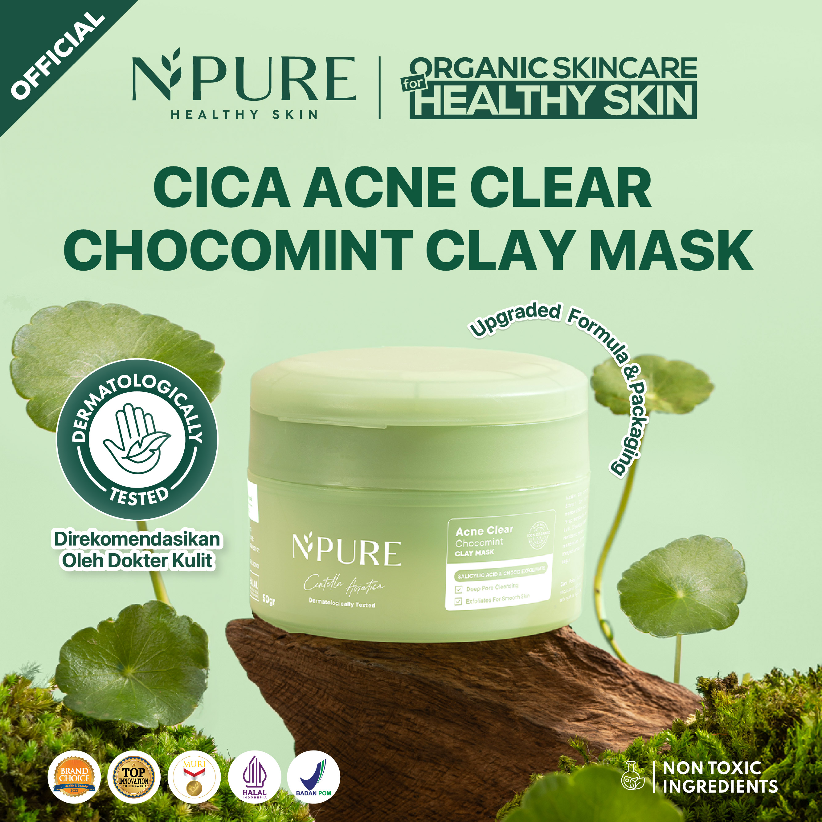 NPURE Cica (Centella) Acne Clear Chocomint Clay Mask 50 gr / Masker Anti Jerawat Komedo / Masker ...