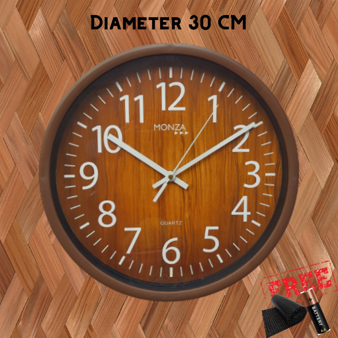 Jam Dinding Besar Kamar Kantor Rumah Motif Kayu Vintage Tebal Minimalis Diameter 30cm Monza M5 MK MV