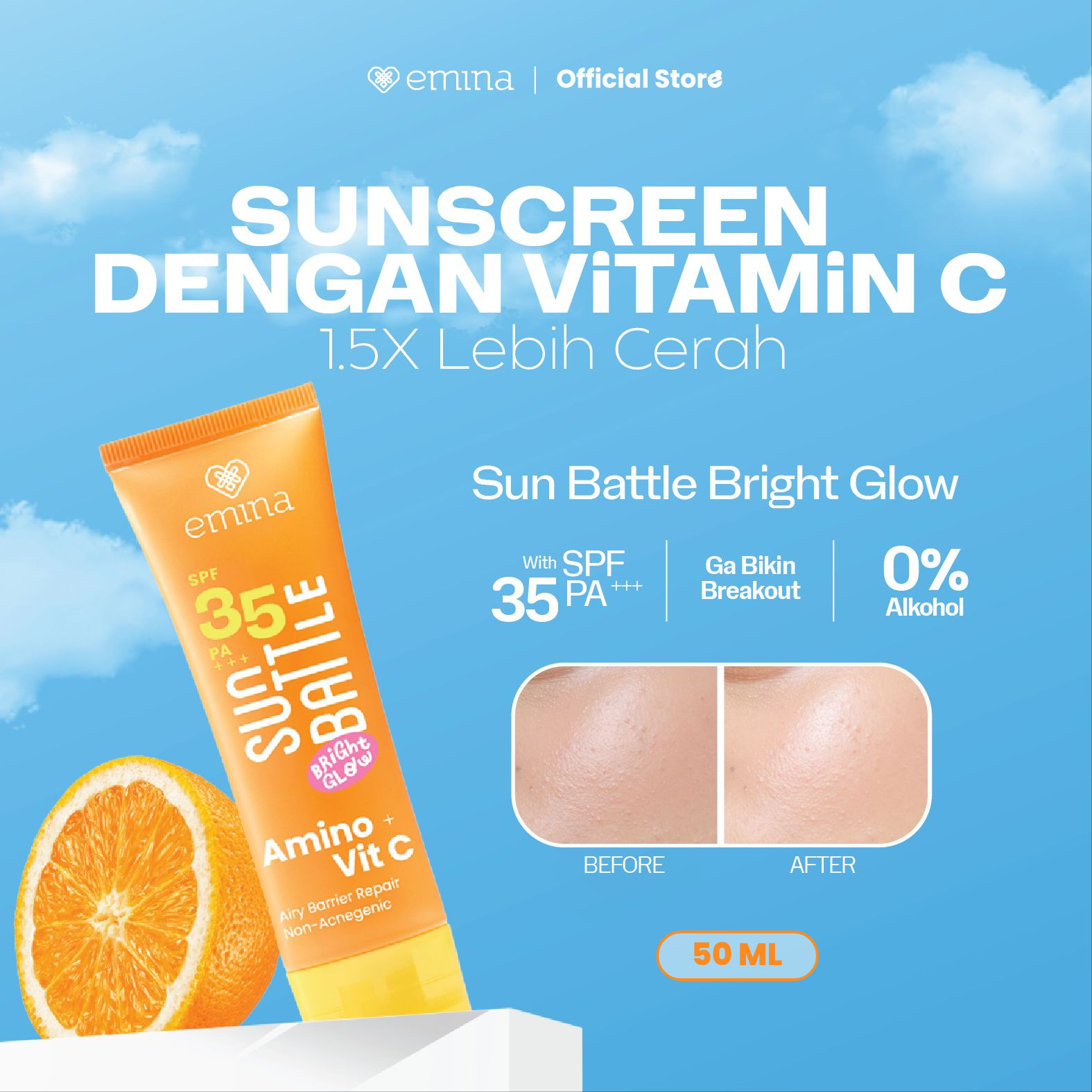 Emina Sun Battle Bright Glow SPF 35 PA+++ - Sunscreen Serum Amino Vitamin C - Cerah Ringan Hydrat...