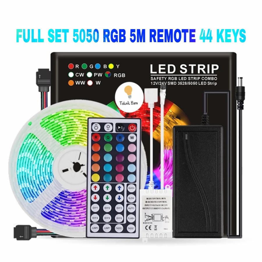 PAKET LENGKAP 10M LED STRIP SMD 5050 IP44 RGB REMOTE BESAR HIAS KAMAR AESTETIK WARNA WARNI 10 METER