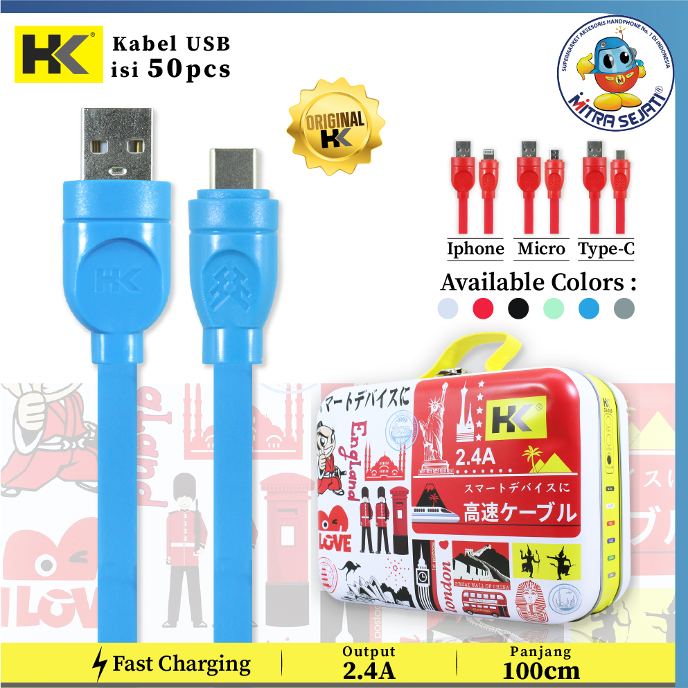 Kabel Data HK Flat Koper Isi 50 Kabel Charger Murah Paket Koper