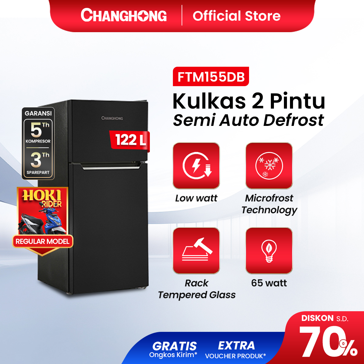 Changhong Kulkas 2 Pintu (Refrigerator) Lemari Es Kapasitas 122 Liter FTM155DB Black (GARANSI 5 THN)