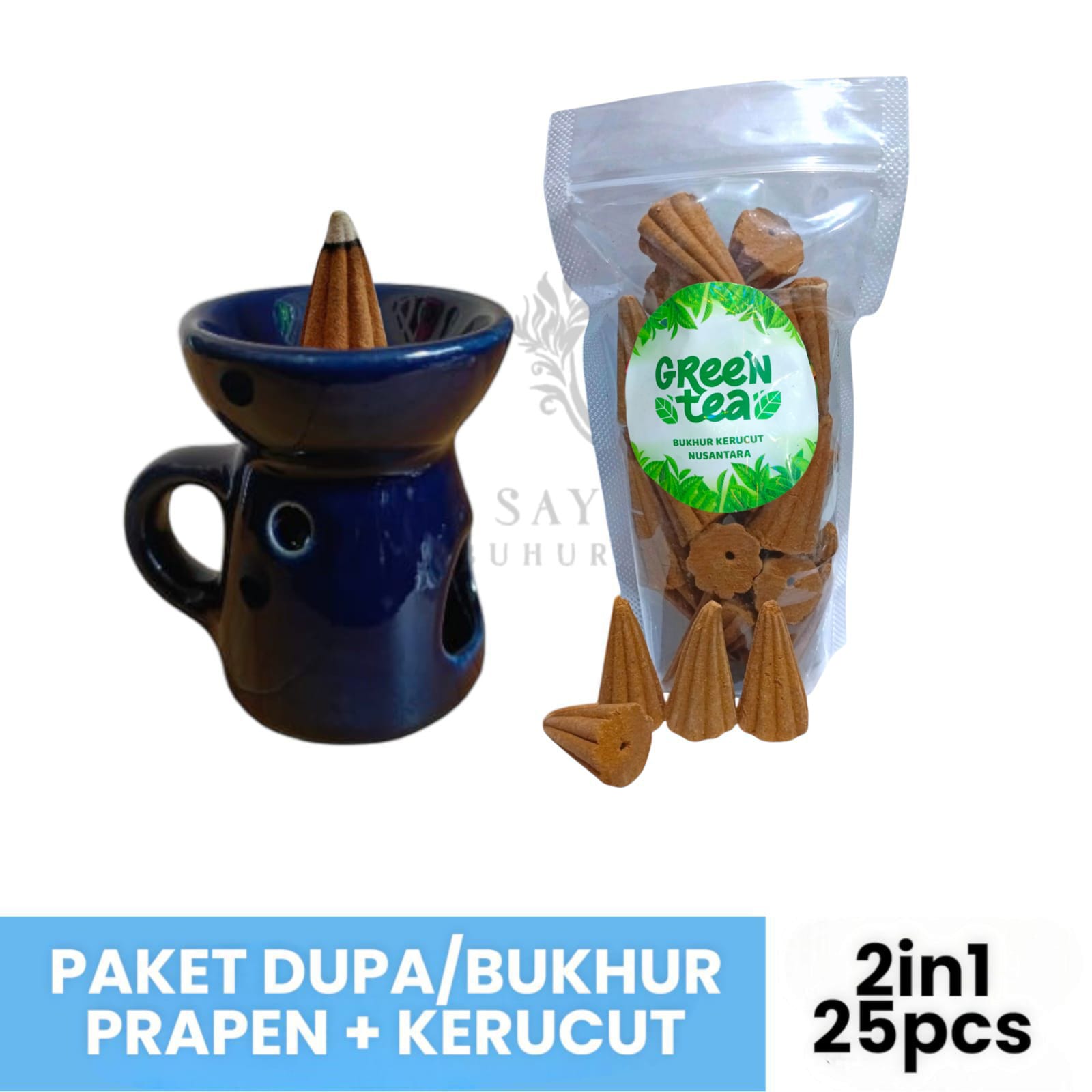 Set Kerucut Aromaterapi 25pcs & Wadah Prapen Keramik - Aroma Laut/Cinnamon/Lake Blue