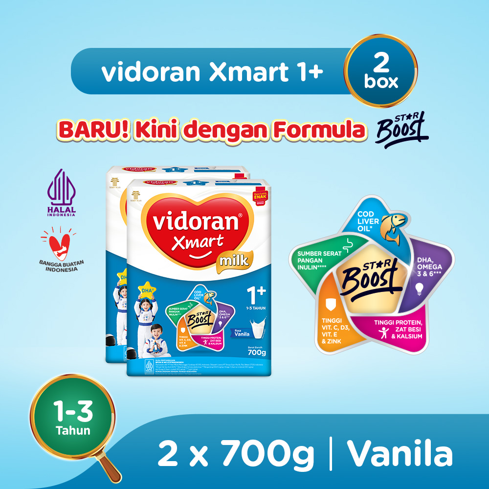 vidoran Xmart 1+ Vanilla 700gr Susu Formula Pertumbuhan Anak 1-3 Tahun - 2 box (Exp : 04.2027)