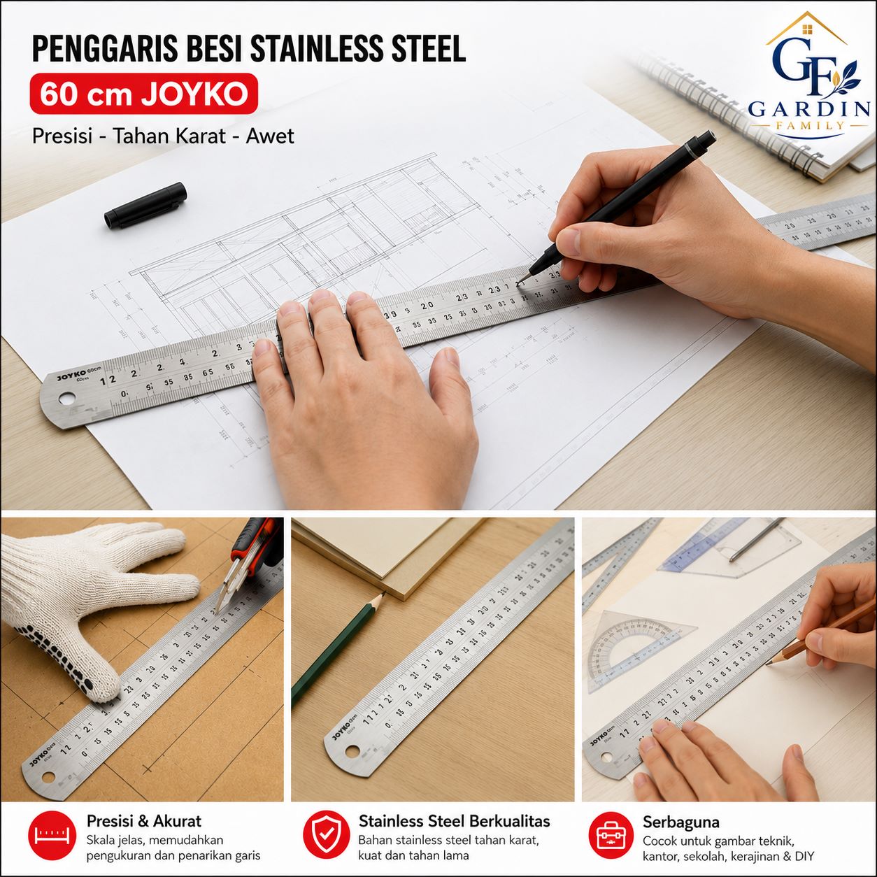 Penggaris Besi Stainless Steel 60 cm Joyko | Stainless Steel Ruler 60cm Presisi Tahan Karat Penggaris Teknik