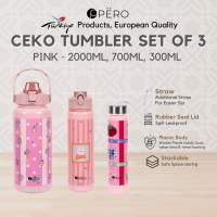 Pero Ceko Tumbler Set of 3 With Rubber Seal Lid and Straw Plastic Bottle 2000ML 700ML 300ML / Botol Minum Tumbler Plastik Set 3 dengan Gagang dan Sedotan Kapasitas Besar