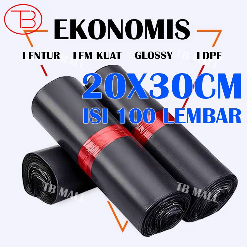 Fumu Polymailer Plastik Packing LDPE 20X30CM EKONOMIS Hitam Glossy Isi 100PCS Grosir Termurah Lem Perekat Tidak Mudah Sobek