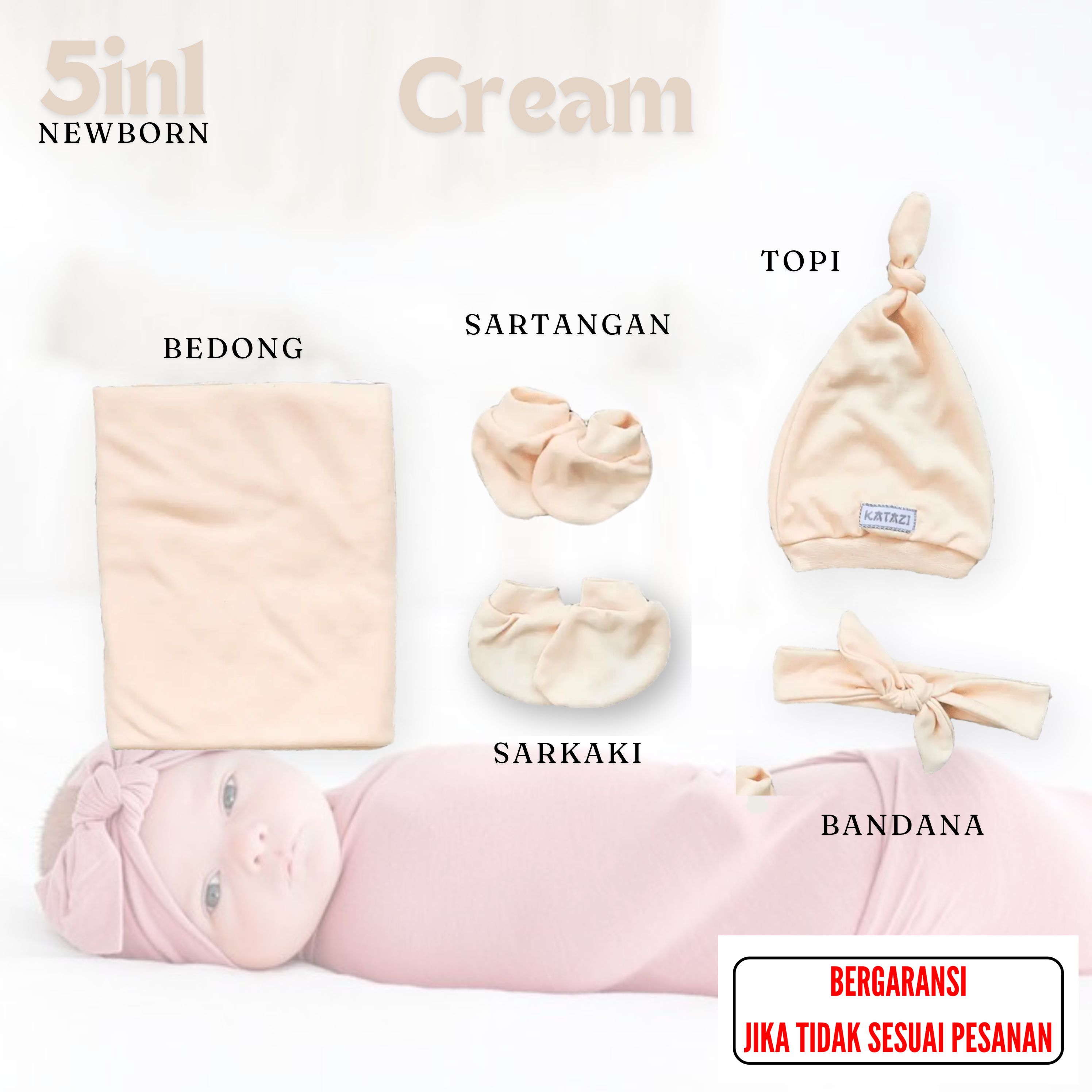Paket Bundle Newborn Bayi Perempuan 5in1 Bedong Topi Bando Sarung Tangan Kaos Kaki Bayi Baru Lahir