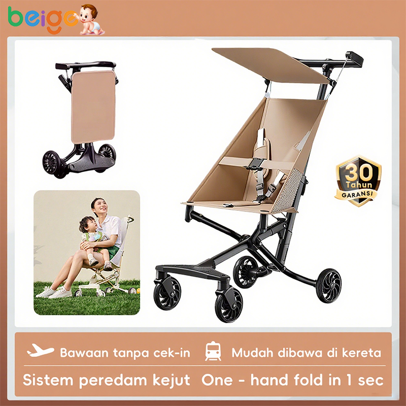 BEIGE Stroller Bayi Lipat 1 Tombol Ringan Travel Portable Beban 60kg - Mudah & Praktis