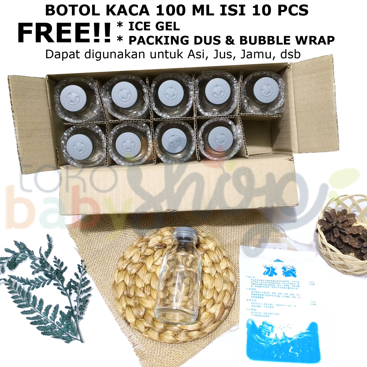 10 PCS Botol Asi 100ml Kaca dengan tutup BPA FREE Kantong Asi / Ice Gel buat stok di kulkas Jamu Jus