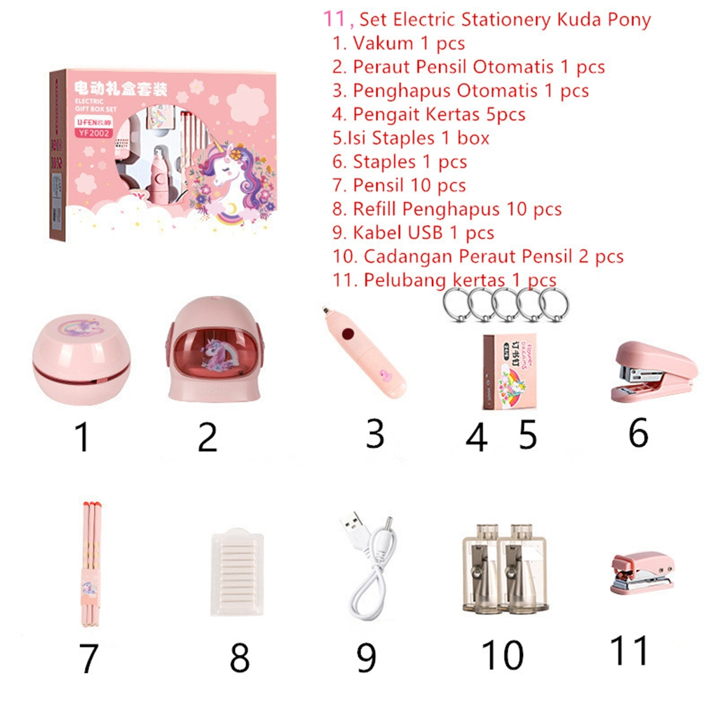 Electric Stationery Set / Set Alat Tulis /Elektrik Rautan Penghapus Vacuum Pensil 11 In 1 /Anak Alat Perkakas Belajar Anak Perempuan Kado