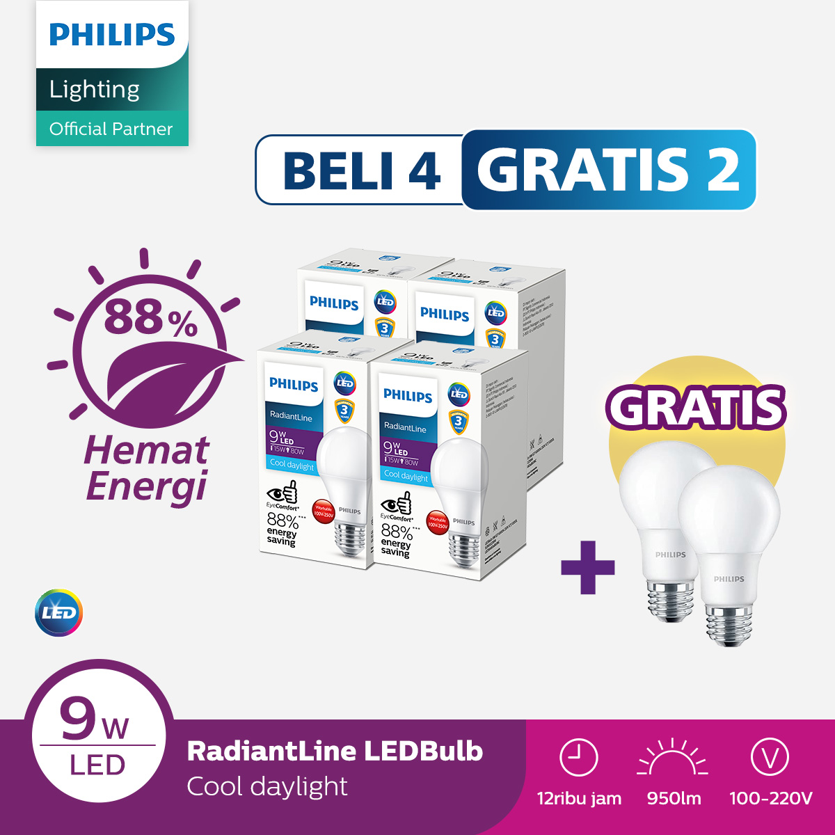 Lampu Philips Beli 4 Gratis 2 Lampu Radiantline LEDBulb 9W Putih