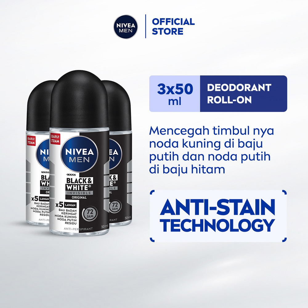 NIVEA MEN Deodorant Roll On Black & White Invisible Original 50ml x3- Deodoran pria melawan bakte...