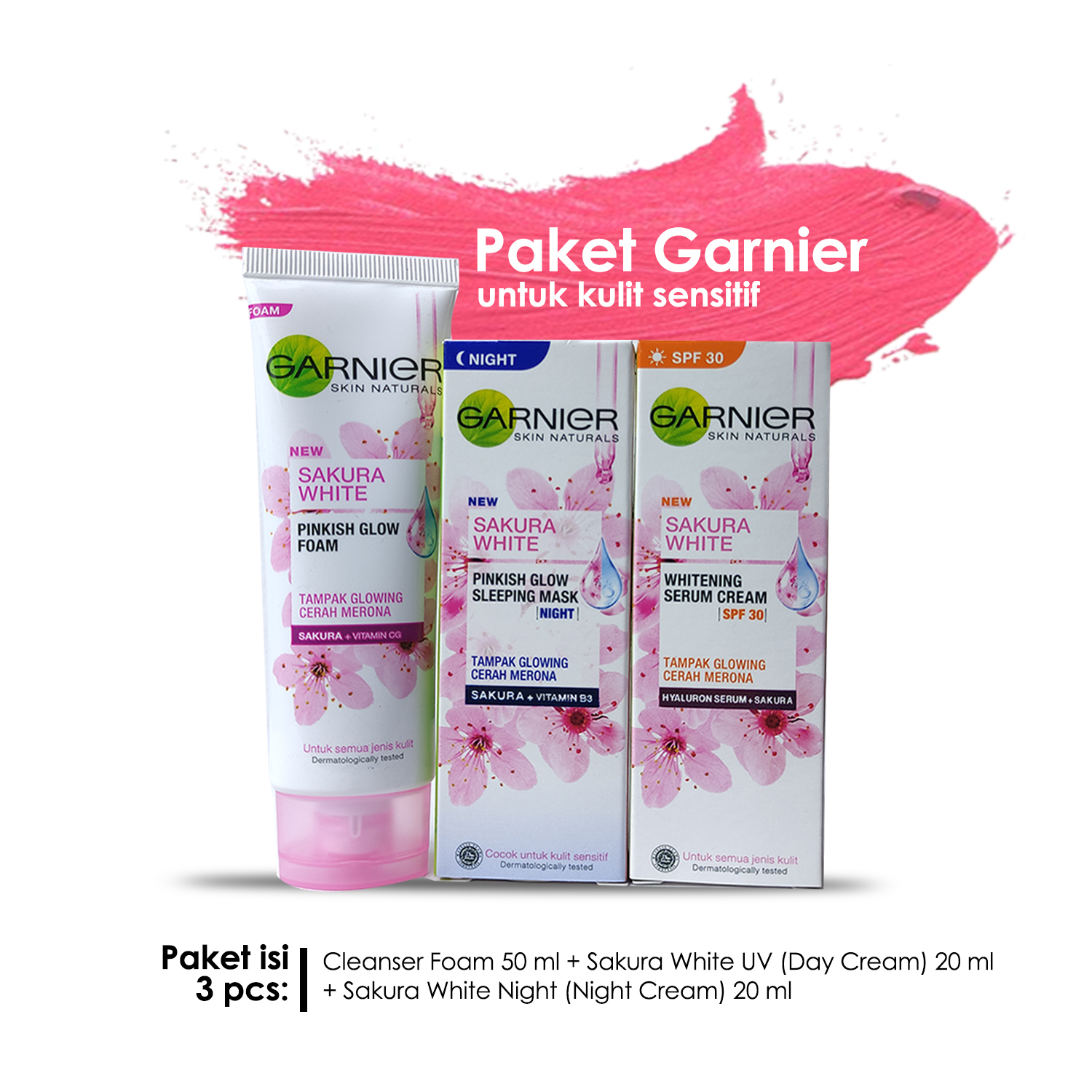 Paket Garnier Sakura 3 pcs (Face Foam 50 ml, Sakura White SPF 21 20 ml, Sakura White Night 20 ml) untuk Kulit Normal Sensitif