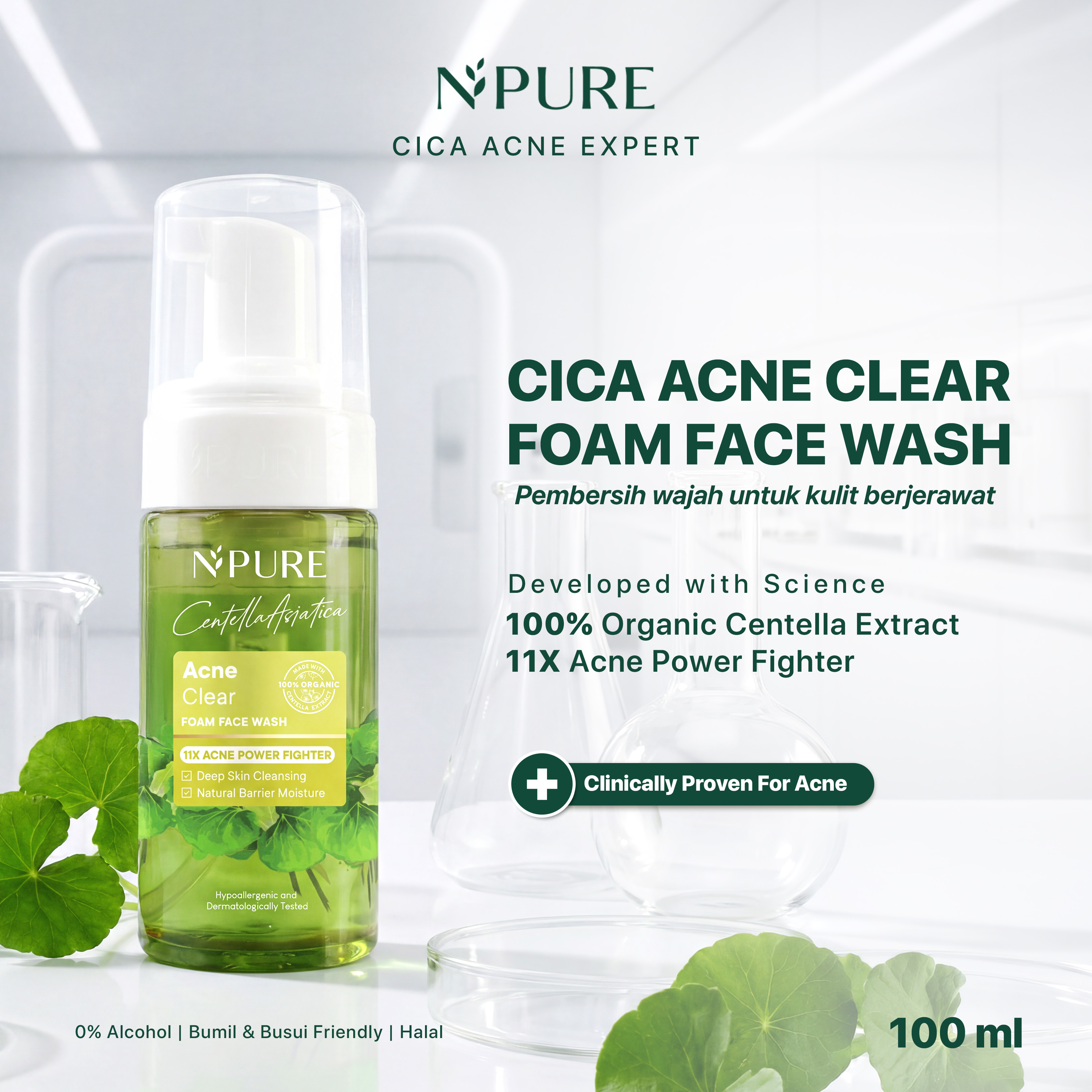 NPURE Cica (Centella) Facial Wash 100 ml / Facial Foam / Anti bakteri jerawat / Non-acnegenic / A...