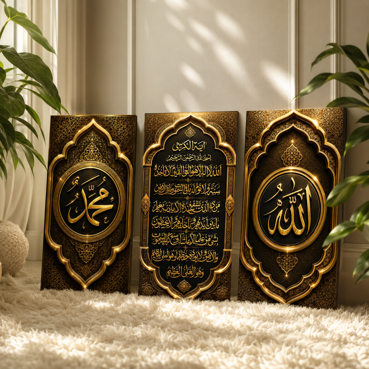 hiasan dinding kaligrafi Islam set tiga panel dengan desain yang elega