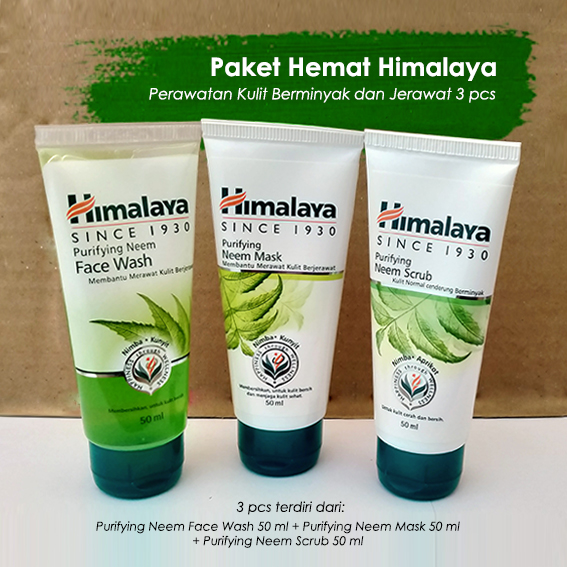 Paket Himalaya Perawatan Wajah Berminyak dan Jerawat 3 pcs (Purifying Neem Face Wash + Purifying Neem Mask + Purifying Neem Scrub) Ukuran 50 ml / 100 ml