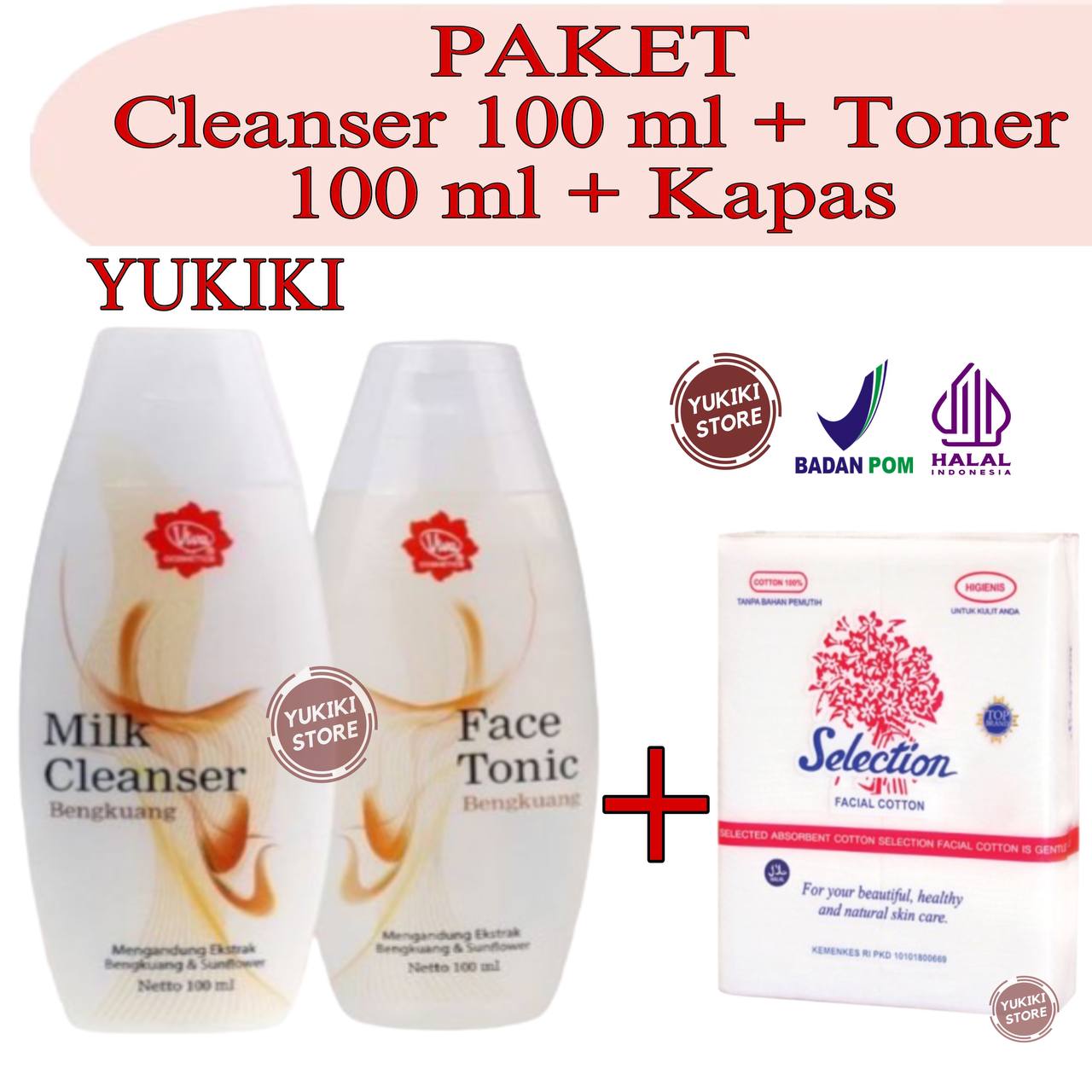 PAKET VIVA MILK CLEANSER FACE TONIC BENGKOANG 100 ml. + KAPAS SELECTION 35 gr