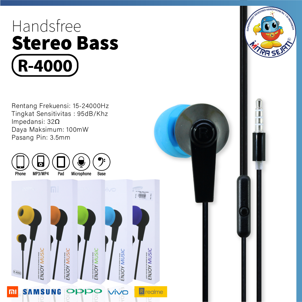 Handsfree Earphone Headset Stereo Bass R4000 Jack 3.5mm Headphone Universal-AHFUNIR4SB