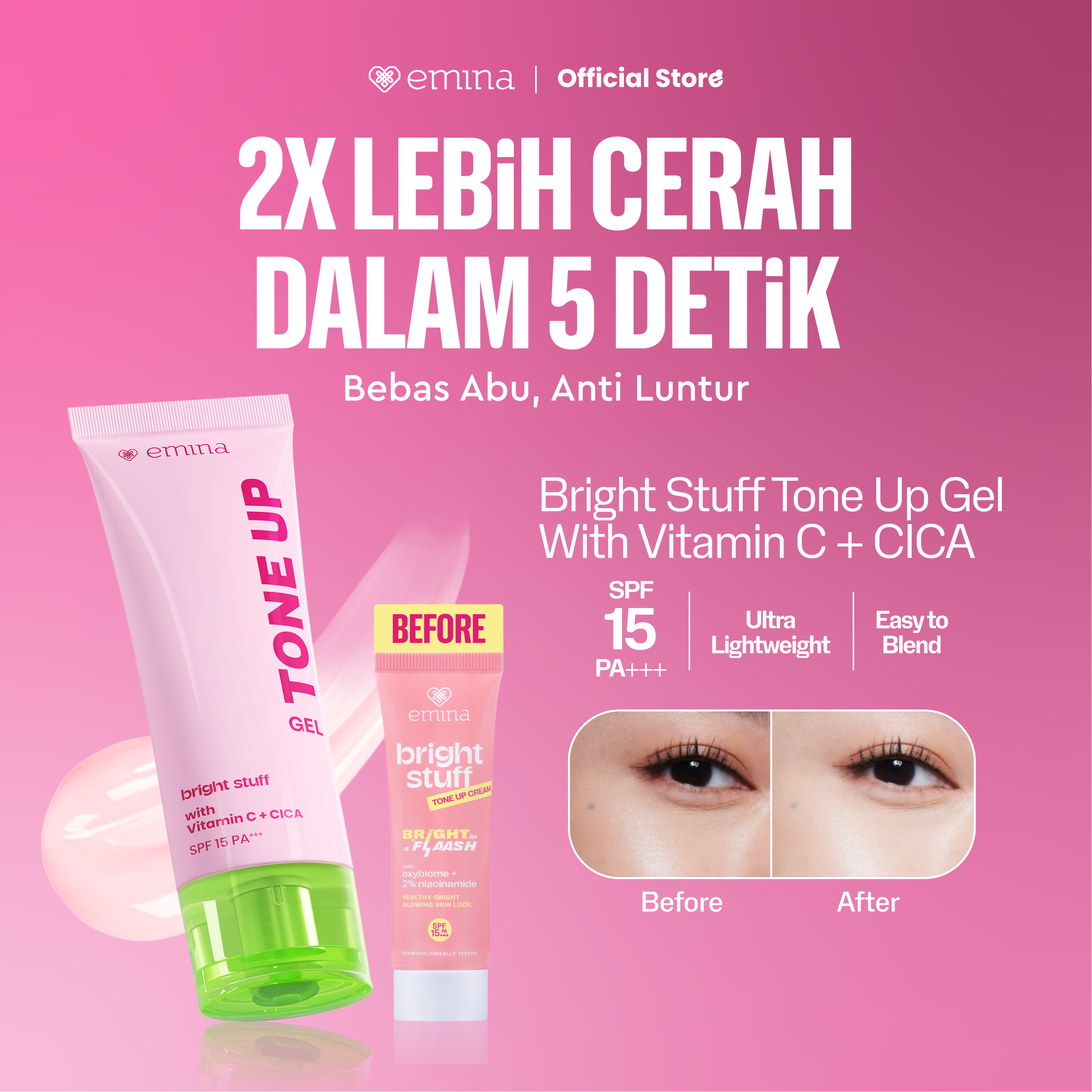 NEW! Emina Tone Up Cream Gel 20 ml - Instan Mencerahkan Kulit Efek Tone-up Glowing Skin UV Protec...