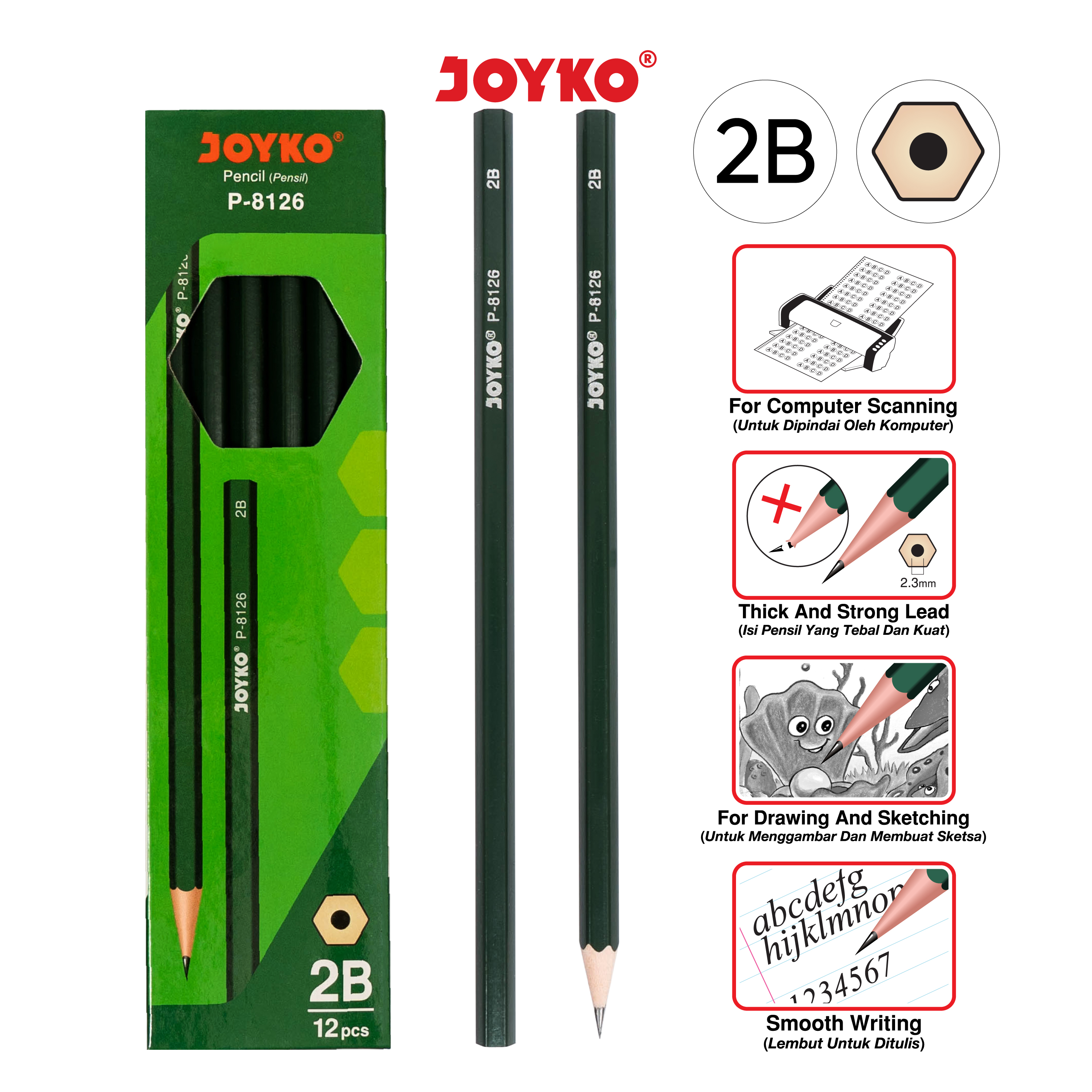 JOYKO Pensil Pencil P-8126 2B 1 Box 12 Pcs