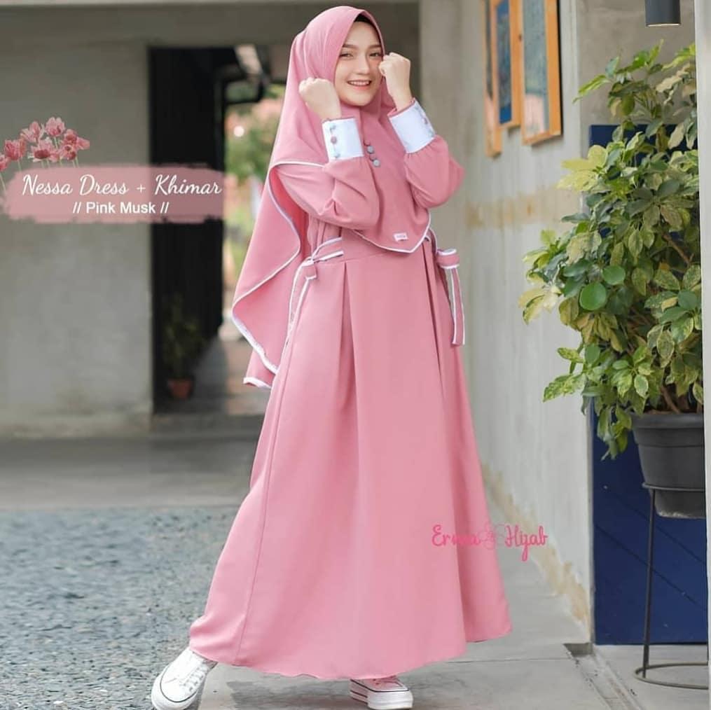 Baju Muslim Modern Gamis NESSA SYARI Mosscrape (Dapat Gamis + Hijab) Terusan Wanita Lengan Panjang Best Seller Stelan Syar’i Dress Pesta Gamis Muslimah Terbaru Pakaian Syari Casual Paling Laris 2019 gamis wanita