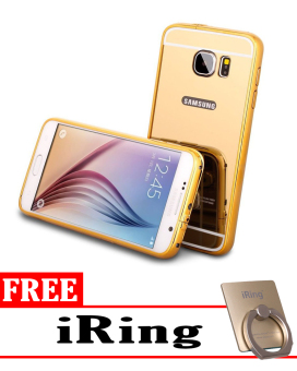 Case for Samsung Galaxy S7 Aluminium Bumper With Mirror Backdoor Slide - Gold + Free iRing