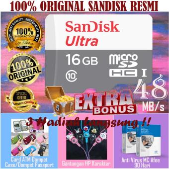 Original SanDisk Ultra 48MBps microSDHC Card - 16GB - Gratis Card ATM Dompet / Case-