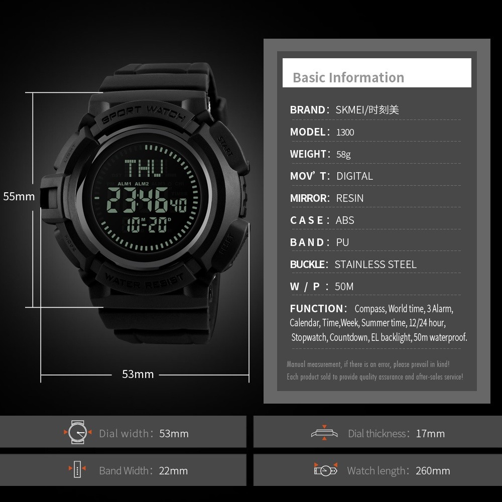 SKMEI Pria Kompas Jam Tangan Olahaga 3 Alarm Waktu Dunia Digital Watch Pria Waterproof Stopwatch Jam