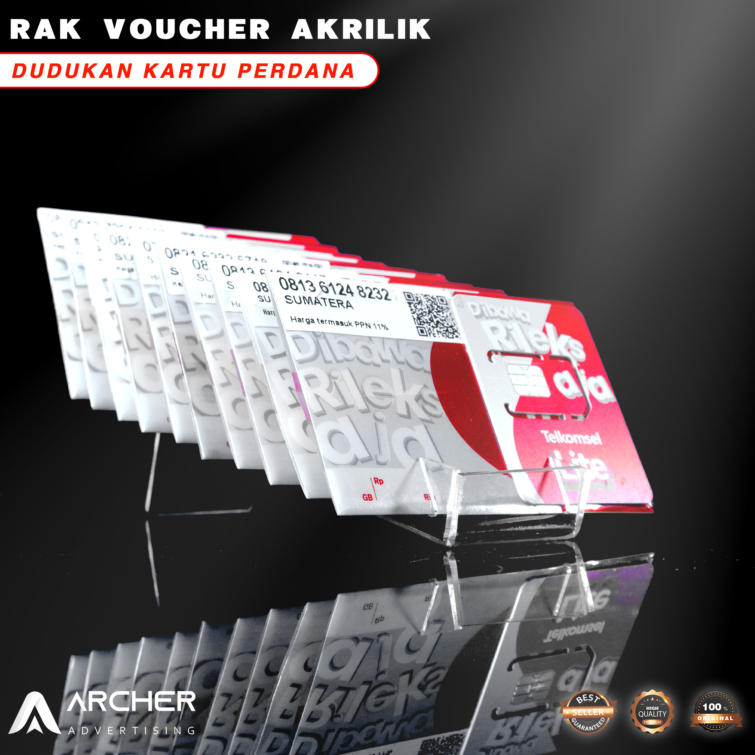 TEMPAT DUDUKAN RAK VOUCHER KARTU PERDANA AKRILIK LEBAR 3.5CM 10 SLOT